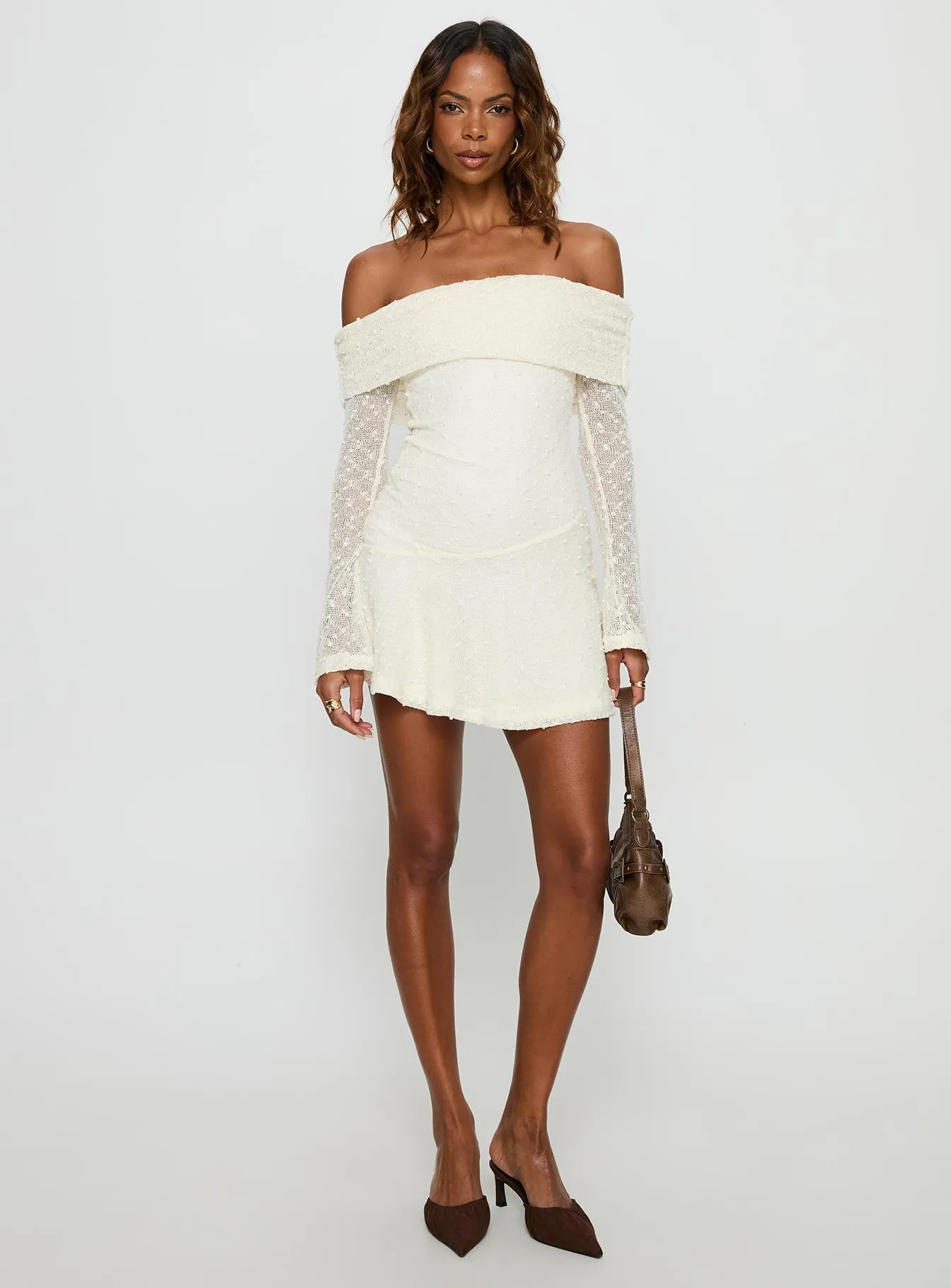 Ivee Off Shoulder Long Sleeve Mini Dress Cream sold by Princess Polly product image thumbnail 3