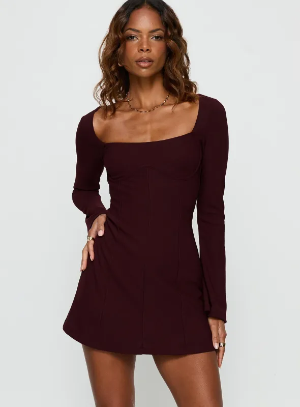 Encounters Long Sleeve Mini Dress Wine sold by Princess Polly