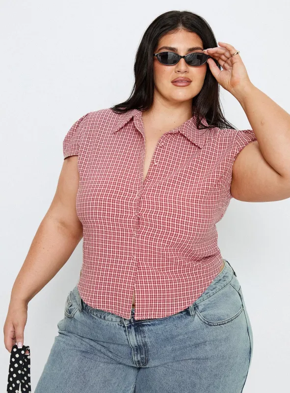Float Away Button Up Top Red Check Curve sold by Princess Polly