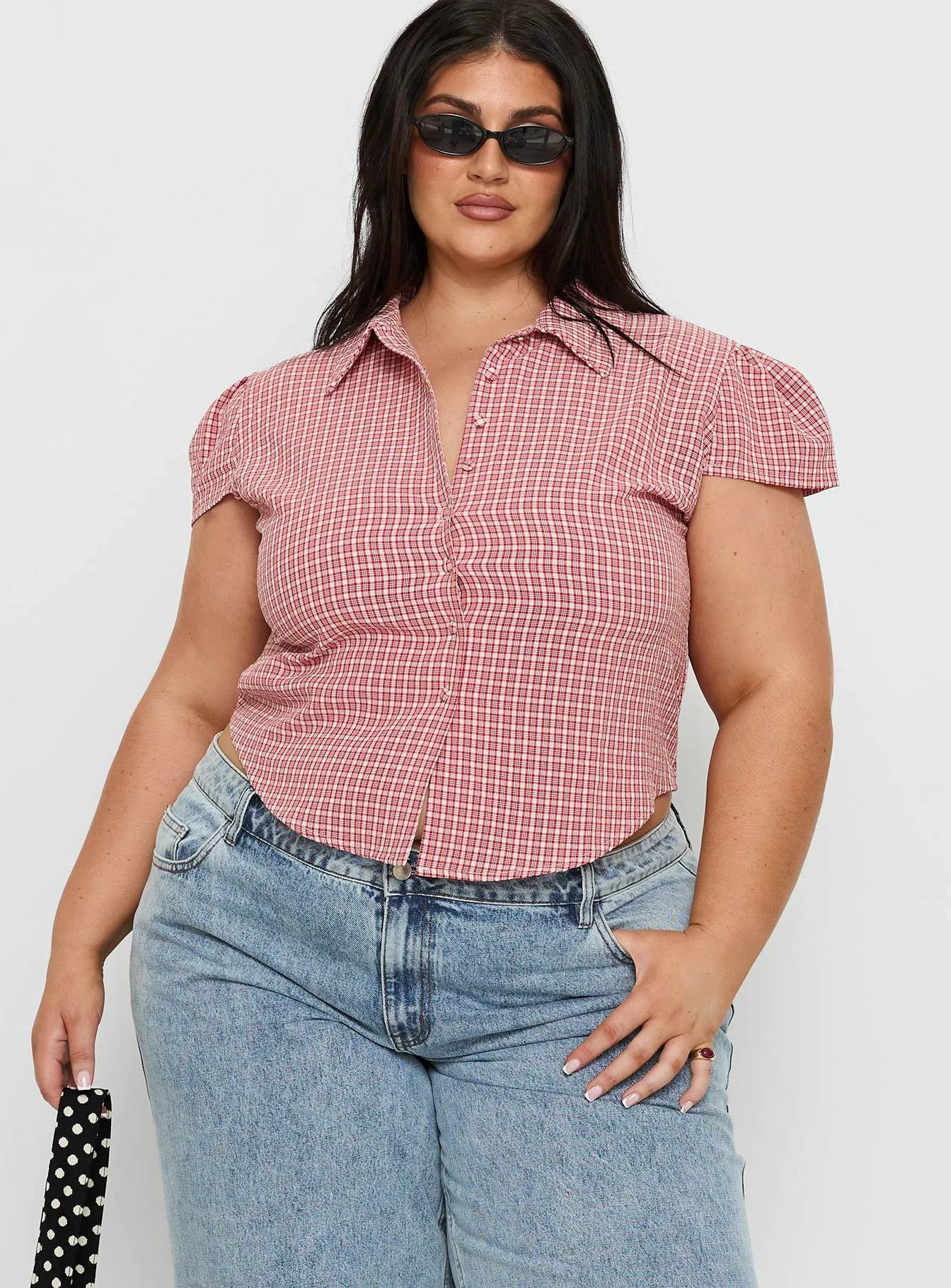 Float Away Button Up Top Red Check Curve sold by Princess Polly product image thumbnail 2