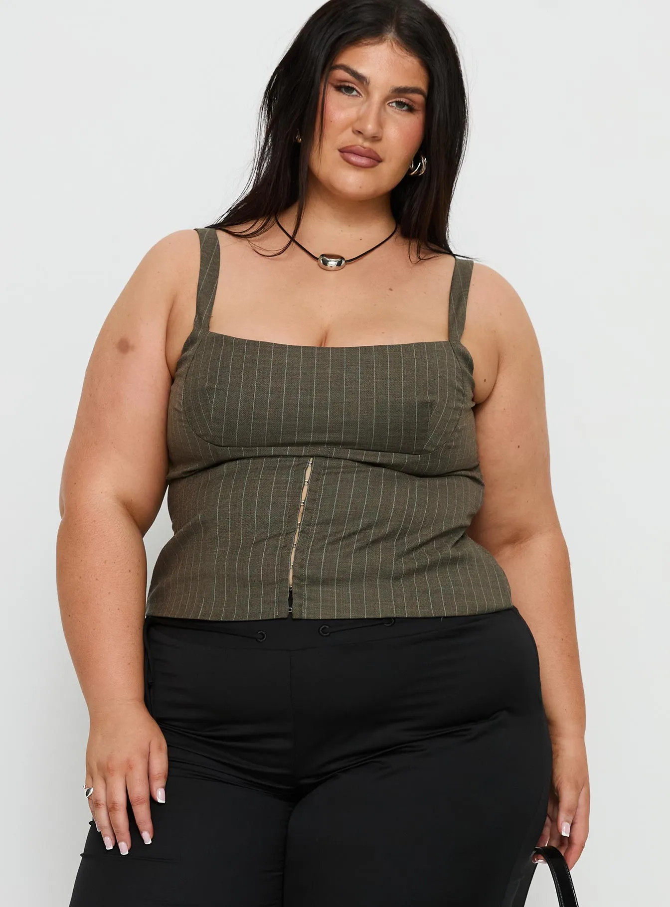 Nylen Tailored Suiting Top Brown Pinstripe Curve sold by Princess Polly