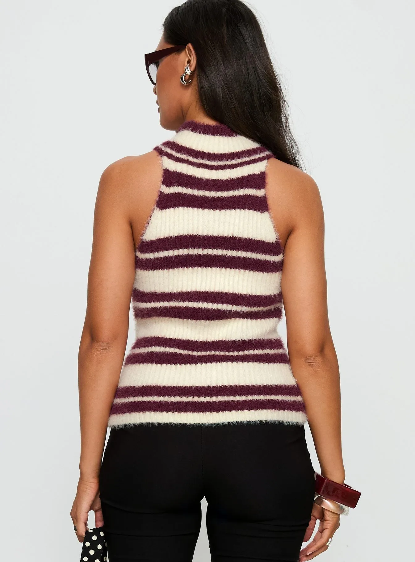 Heide High Neck Fluffy Top Burgundy Stripe sold by Princess Polly product image thumbnail 5