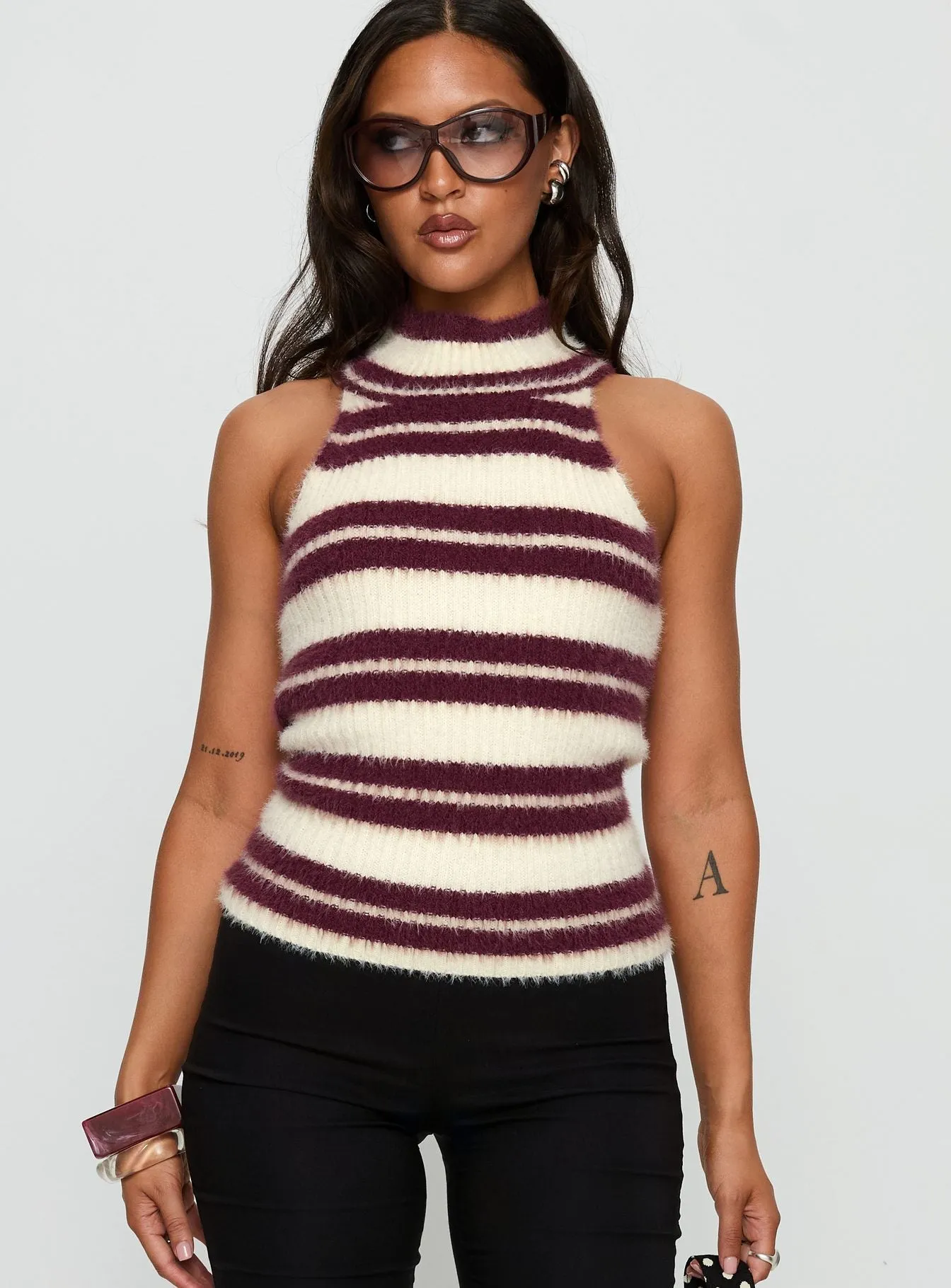 Heide High Neck Fluffy Top Burgundy Stripe sold by Princess Polly product image thumbnail 2