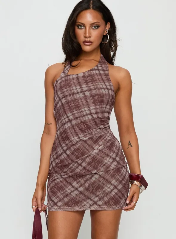 Kastles Halter Cut Out Mini Dress Brown Check sold by Princess Polly