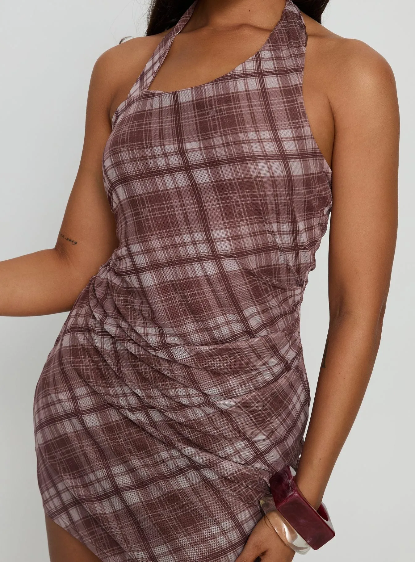 Kastles Halter Cut Out Mini Dress Brown Check sold by Princess Polly product image thumbnail 5