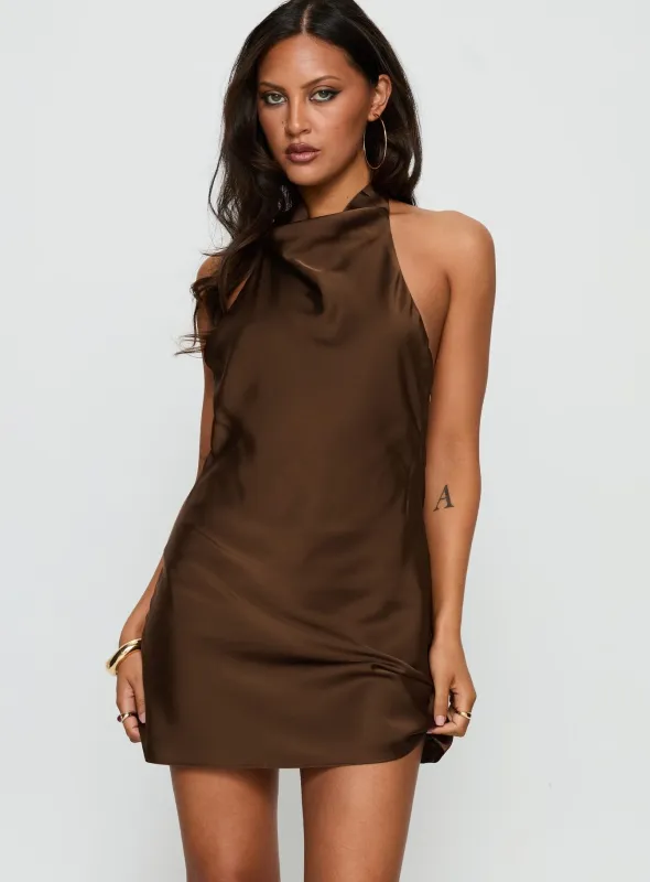A-list Halter Cowl Neck Mini Dress Chocolate sold by Princess Polly