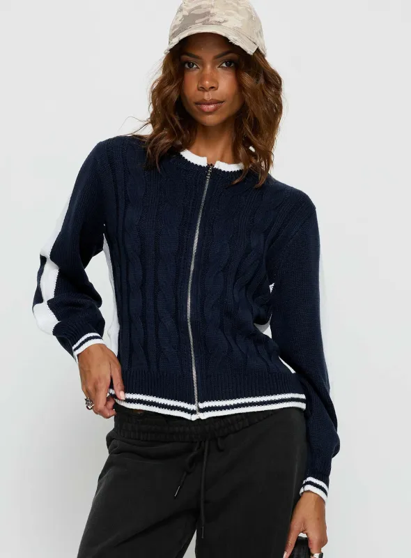 Tevyn Cable Knit Zip Through Knit Sweater Blue / Cream sold by Princess Polly