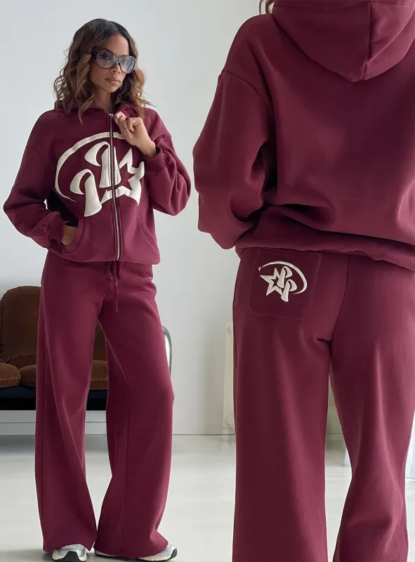 Princess Polly Stargirl Wide Leg Sweat Pants Burgundy sold by Princess Polly