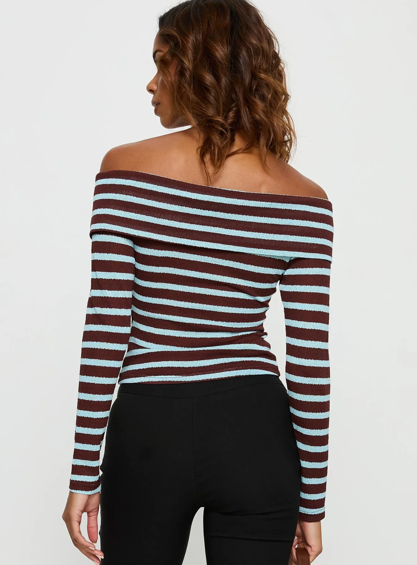 Raelena Off Shoulder Long Sleeve Top Blue / Brown Stripe sold by Princess Polly product image thumbnail 4