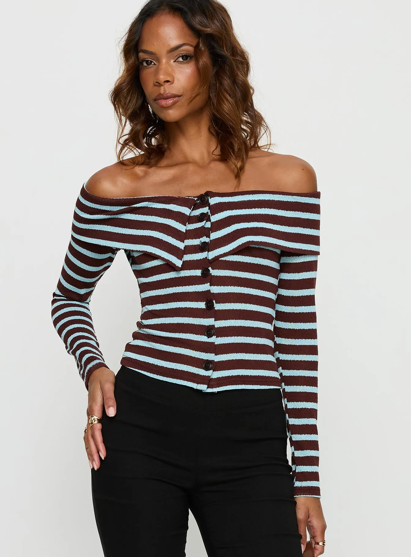 Raelena Off Shoulder Long Sleeve Top Blue / Brown Stripe sold by Princess Polly