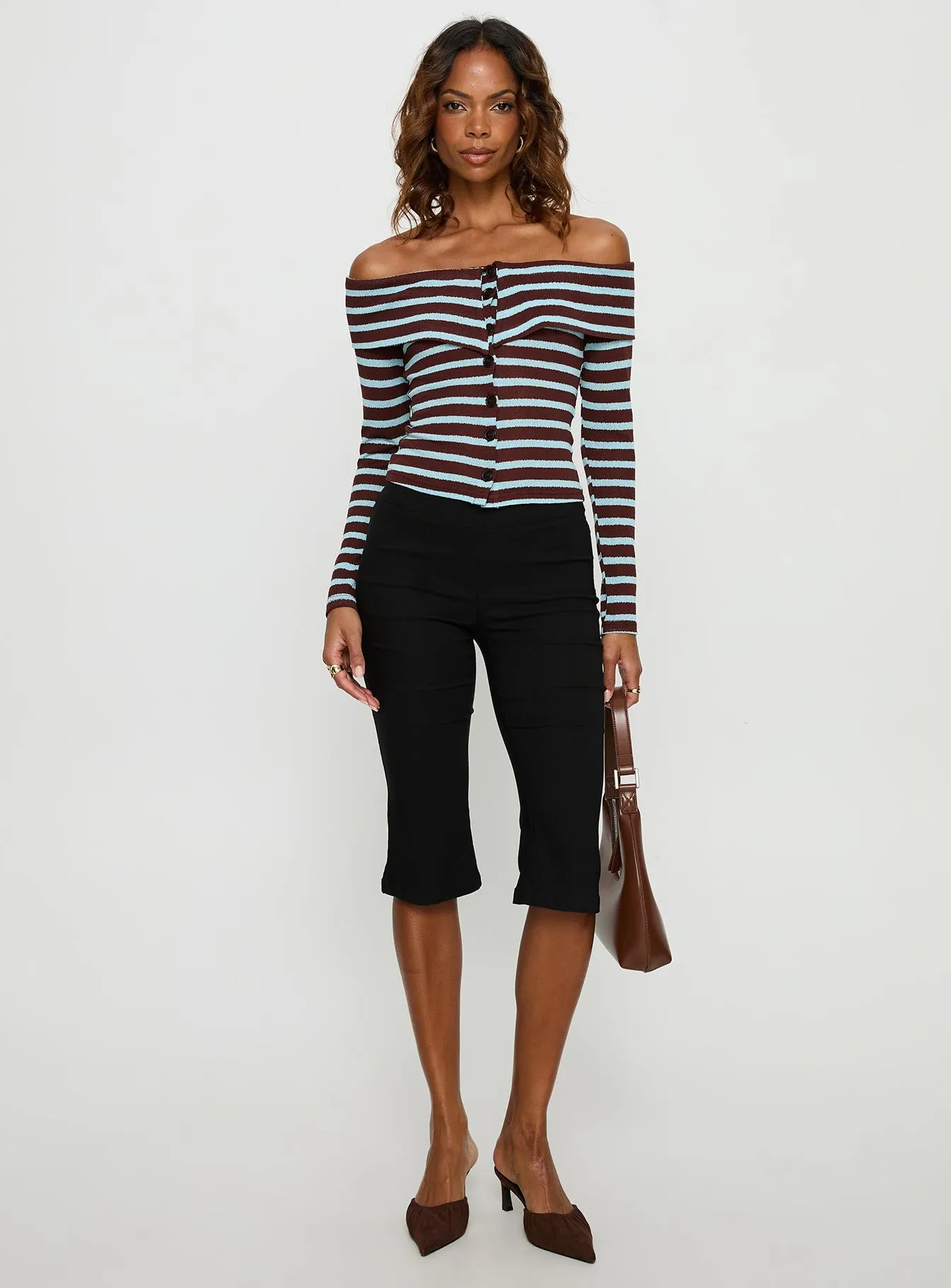 Raelena Off Shoulder Long Sleeve Top Blue / Brown Stripe sold by Princess Polly product image thumbnail 2