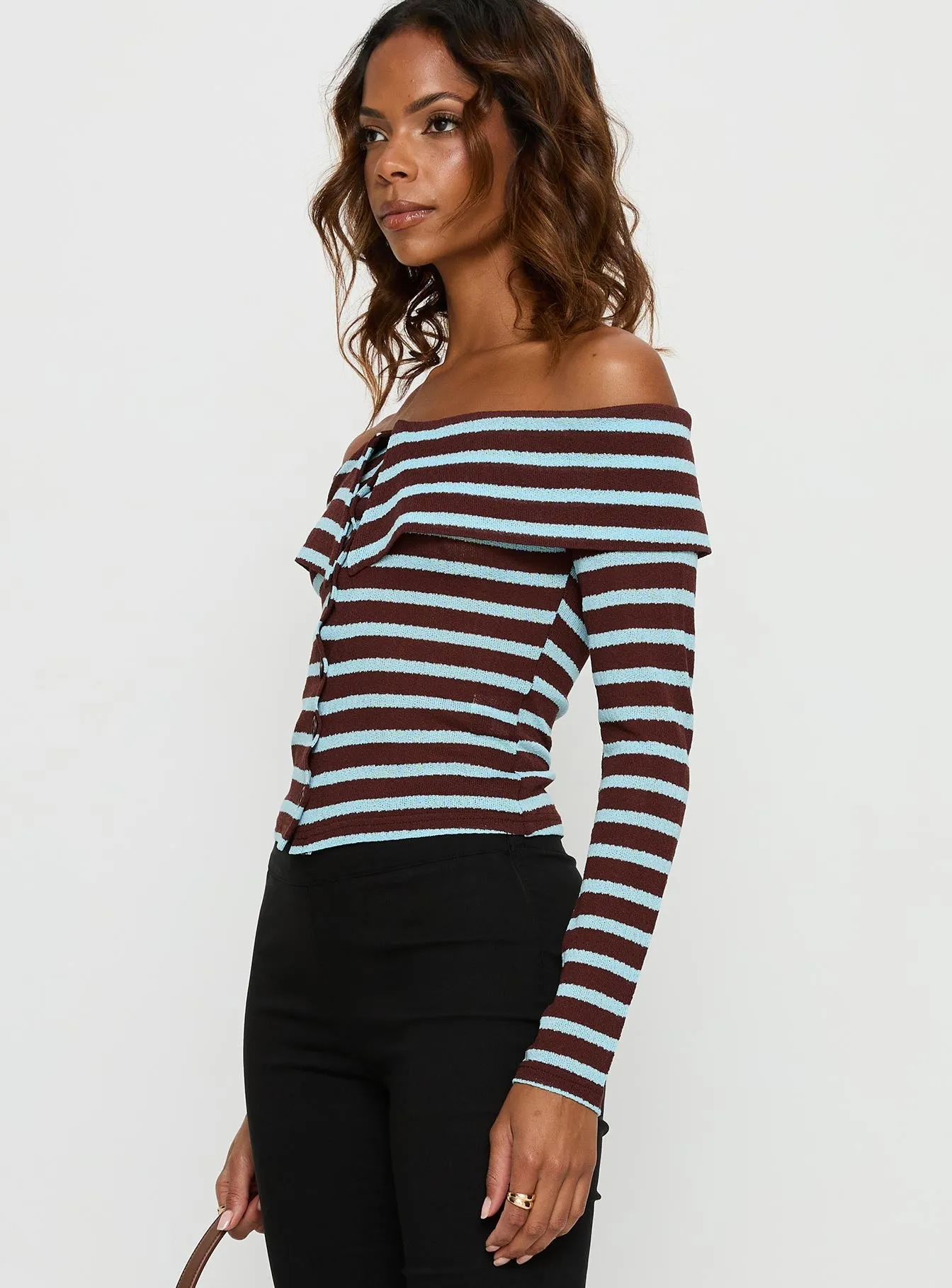 Raelena Off Shoulder Long Sleeve Top Blue / Brown Stripe sold by Princess Polly product image thumbnail 3