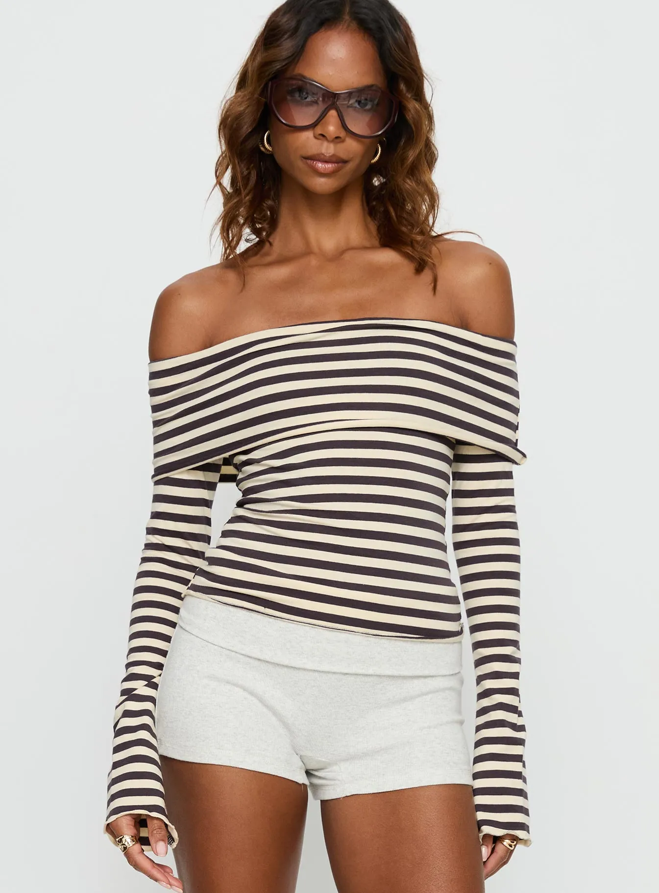 Janicia Off Shoulder Top Charcoal Stripe sold by Princess Polly product image thumbnail 2