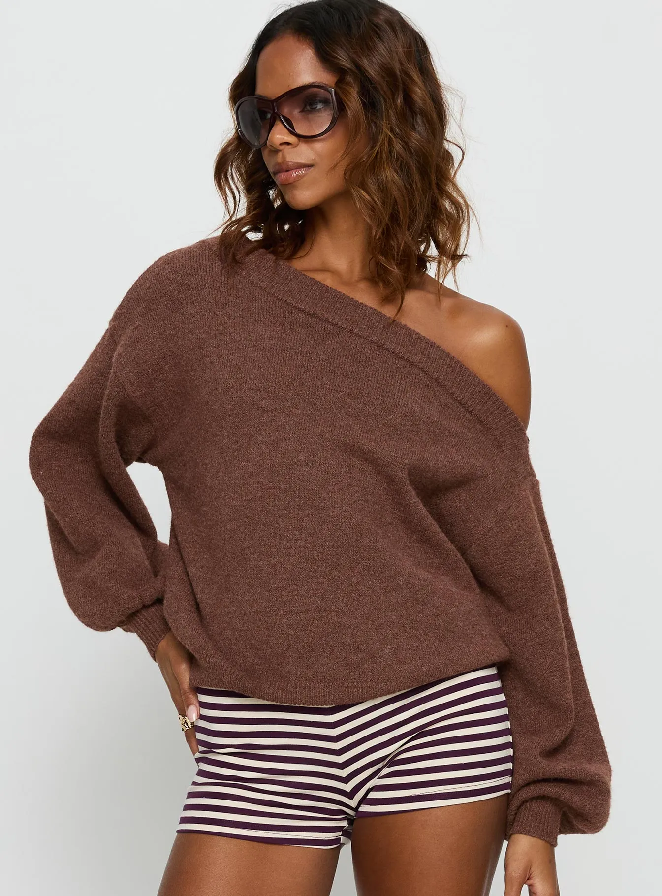 Noble Off The Shoulder Sweater Chocolate sold by Princess Polly product image thumbnail 2