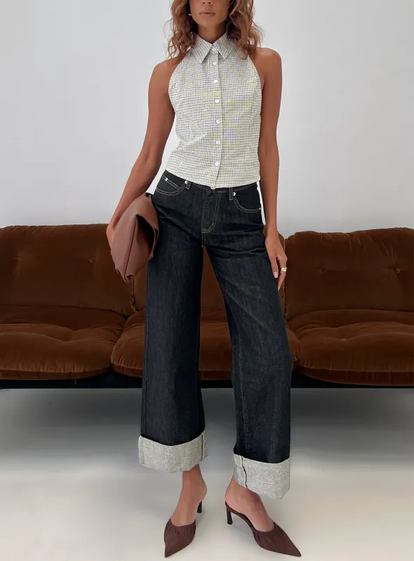 Squire Mid Rise Straight Leg Folded Hem Jeans Indigo Wash sold by Princess Polly