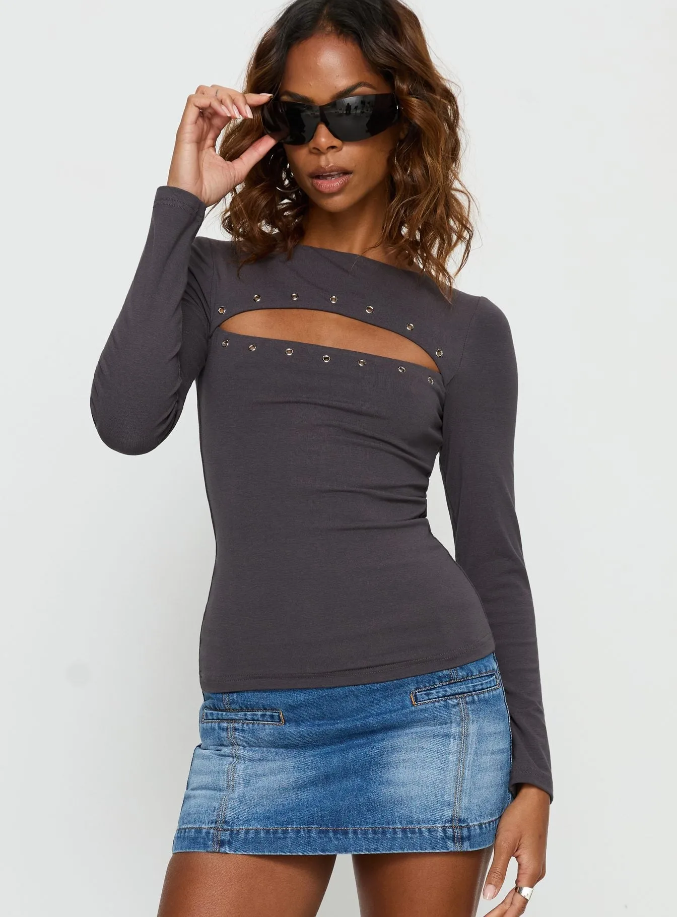 Izetta Eyelet Detail Long Sleeve Top Charcoal sold by Princess Polly