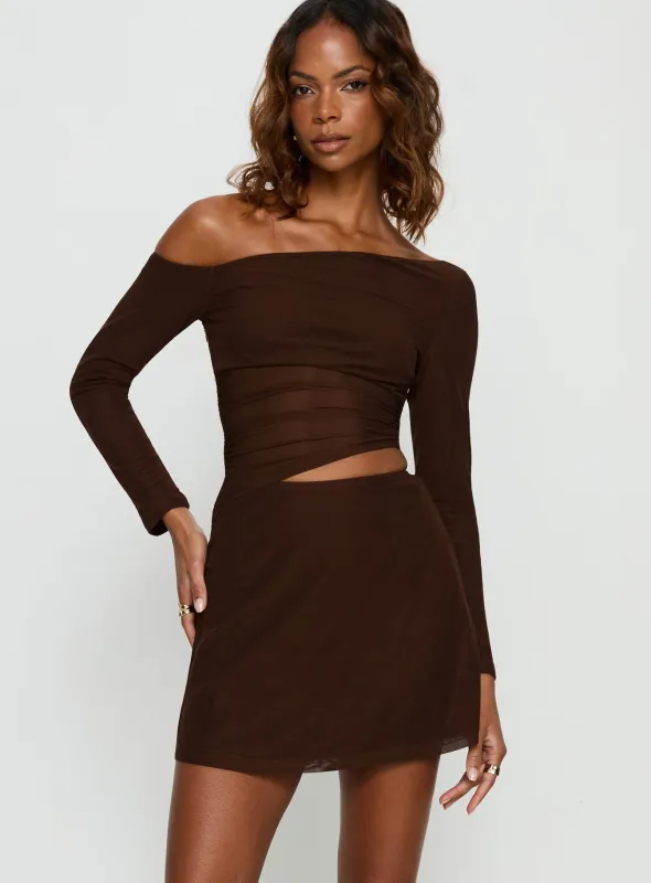 Fade To Black Off Shoulder Long Sleeve Mini Dress Chocolate sold by Princess Polly
