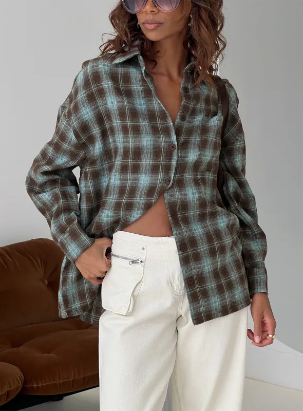 Perlita Long Sleeve Collared Shirt Brown Check sold by Princess Polly