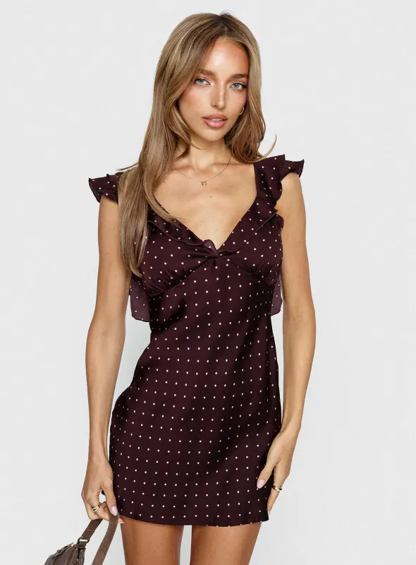 Kamillah Frill Mini Dress Burgundy Polka Dot sold by Princess Polly