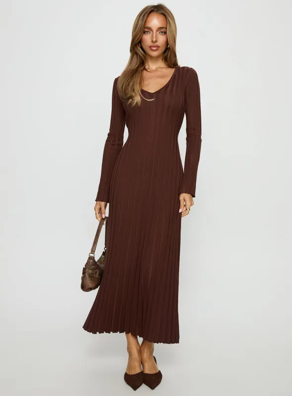 Gratuita Long Sleeve Rib Maxi Dress Chocolate sold by Princess Polly