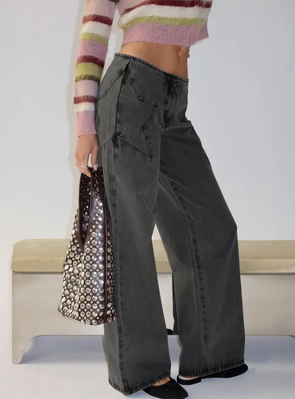 Dolley Star Stitch Mid Rise Wide Leg Jean Grey Wash sold by Princess Polly