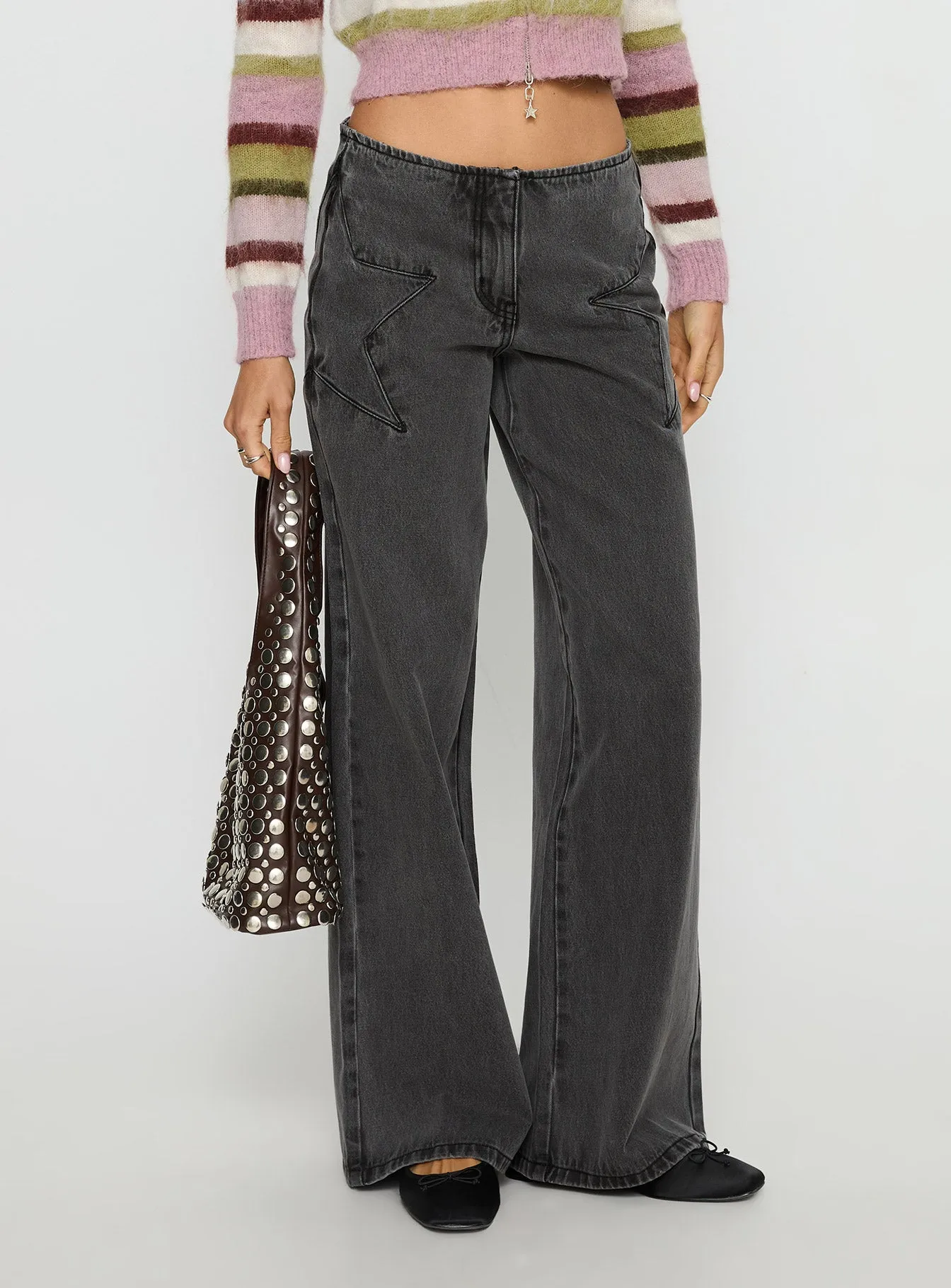 Dolley Star Stitch Mid Rise Wide Leg Jean Grey Wash sold by Princess Polly product image thumbnail 2