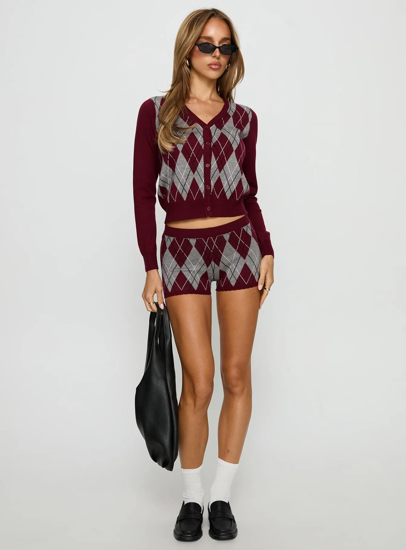 Raiven Knit Cardigan Burgundy Argyle sold by Princess Polly product image thumbnail 3