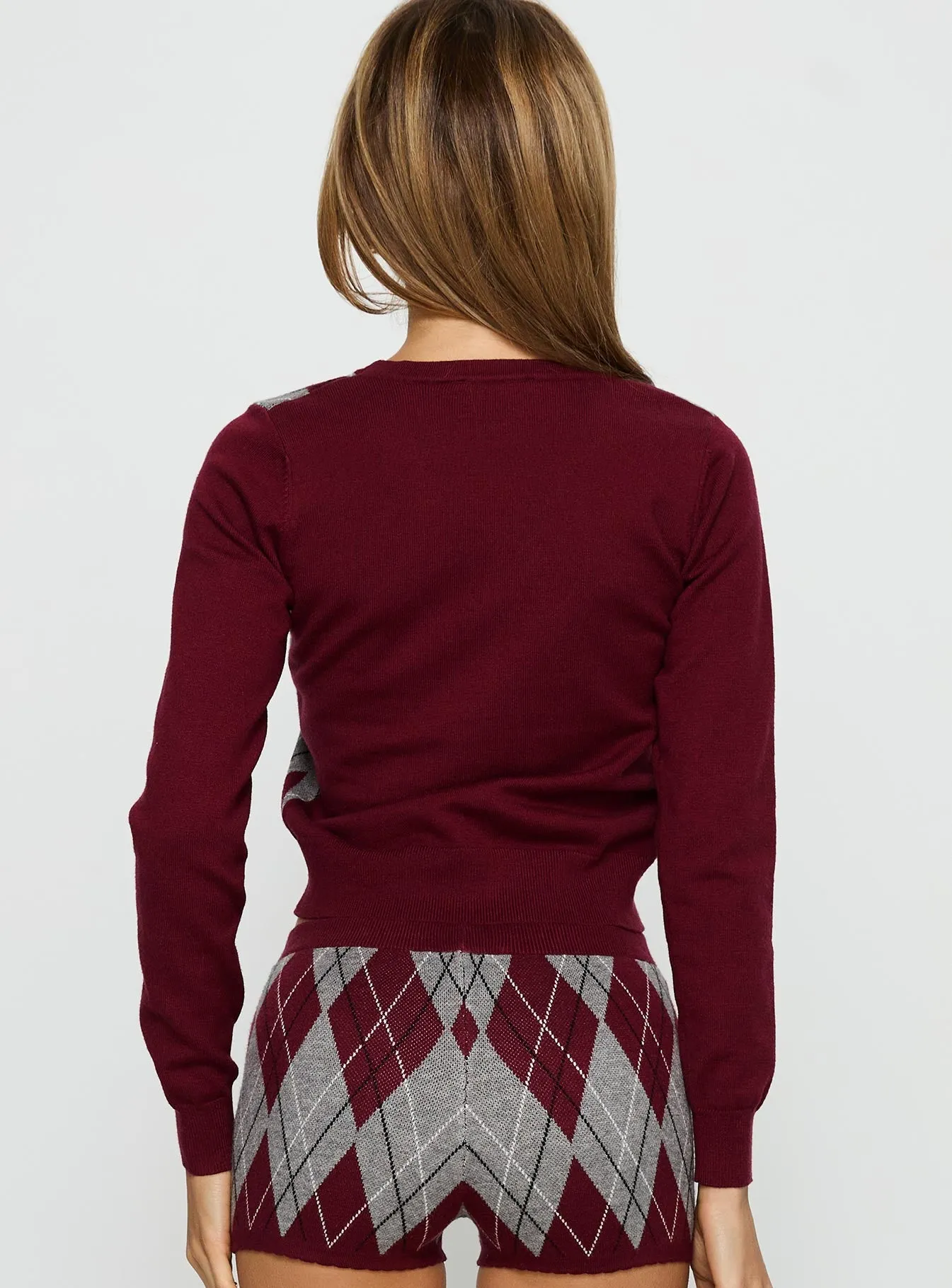 Raiven Knit Cardigan Burgundy Argyle sold by Princess Polly product image thumbnail 5