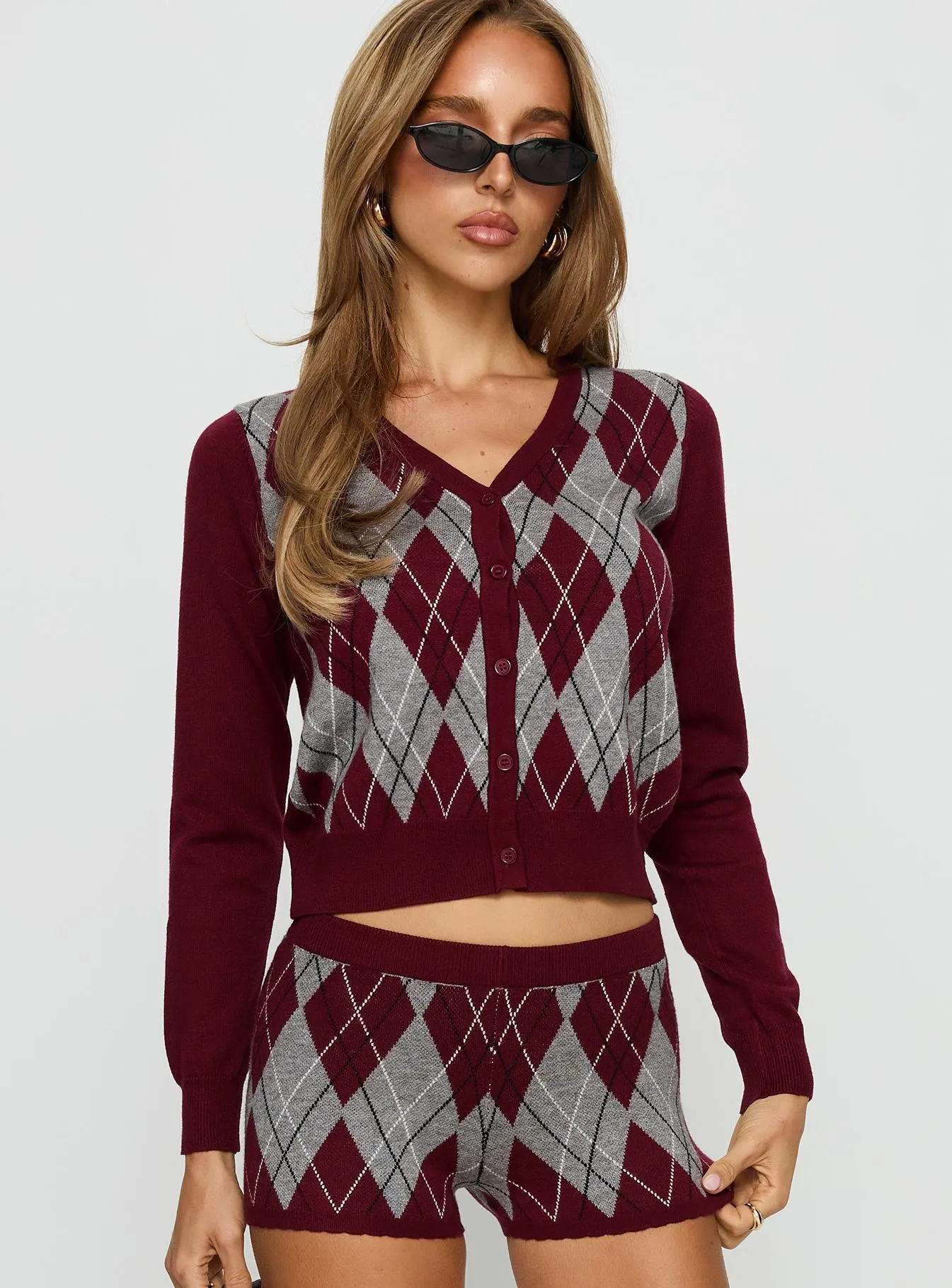 Raiven Knit Cardigan Burgundy Argyle sold by Princess Polly product image thumbnail 2