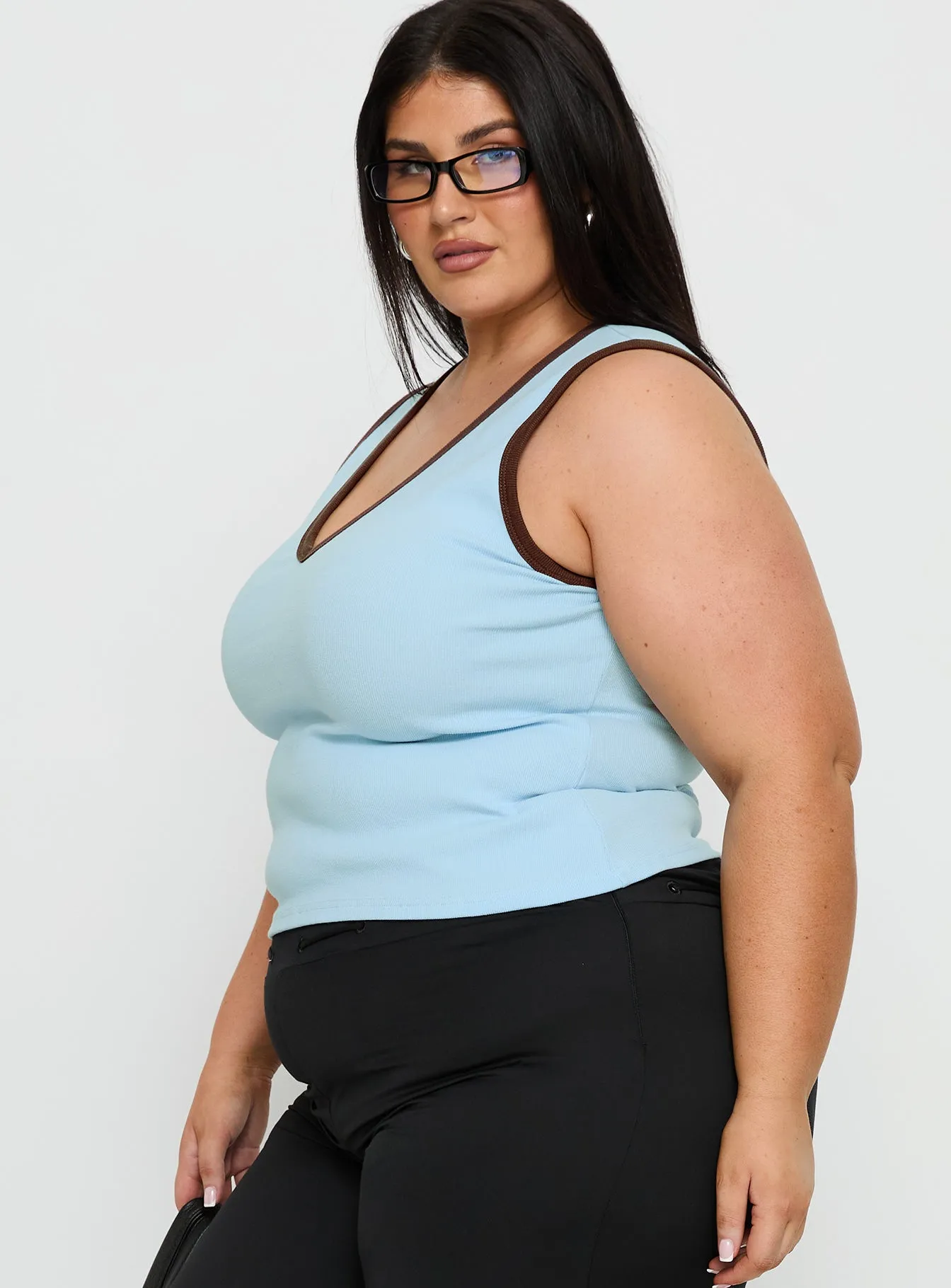 Baseline V Neck Rib Tank Top Blue / Brown Curve sold by Princess Polly product image thumbnail 4