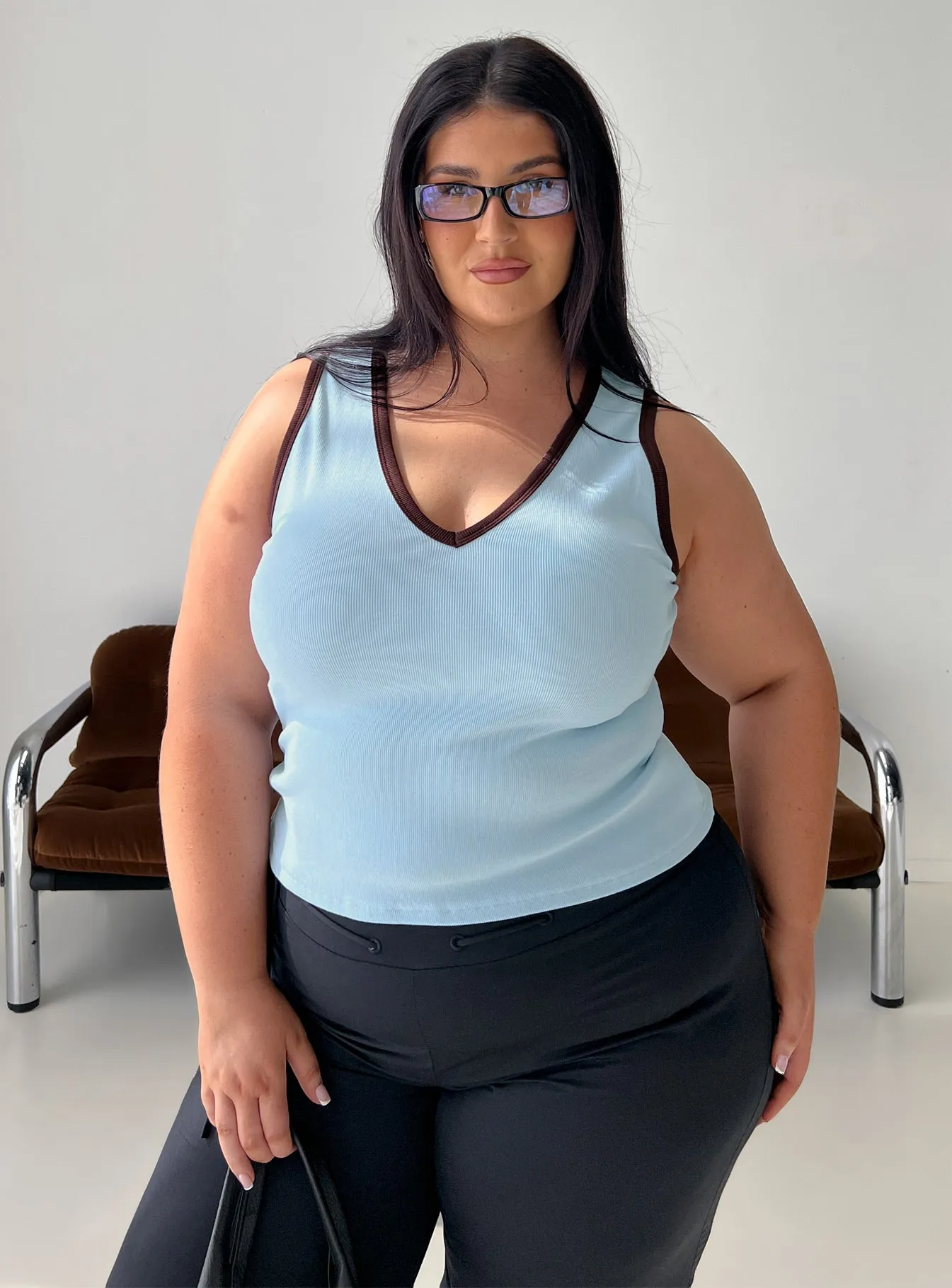 Baseline V Neck Rib Tank Top Blue / Brown Curve sold by Princess Polly