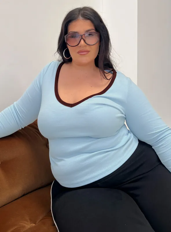 Baseline V Neck Long Sleeve Top Blue / Brown Curve sold by Princess Polly