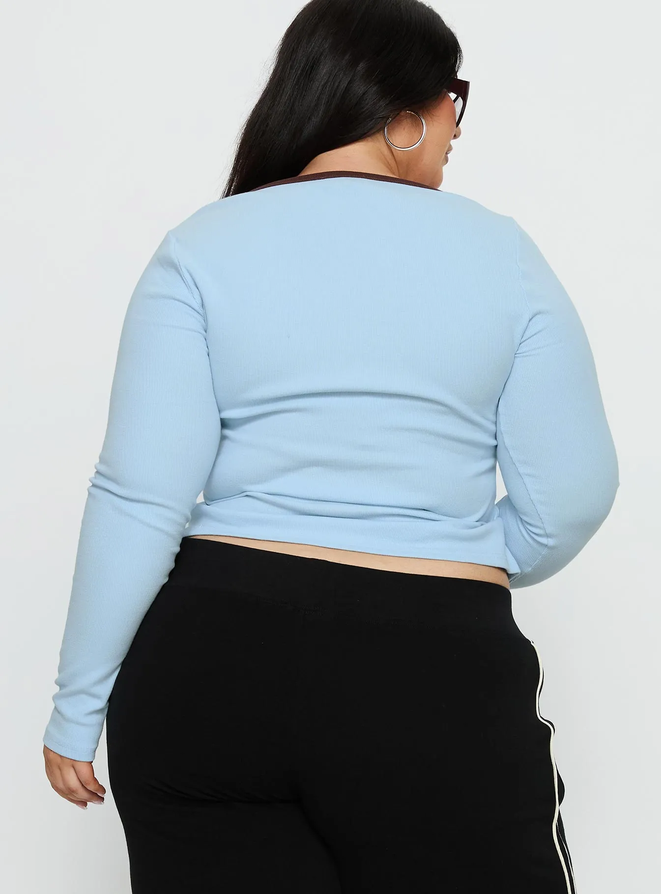 Baseline V Neck Long Sleeve Top Blue / Brown Curve sold by Princess Polly product image thumbnail 5