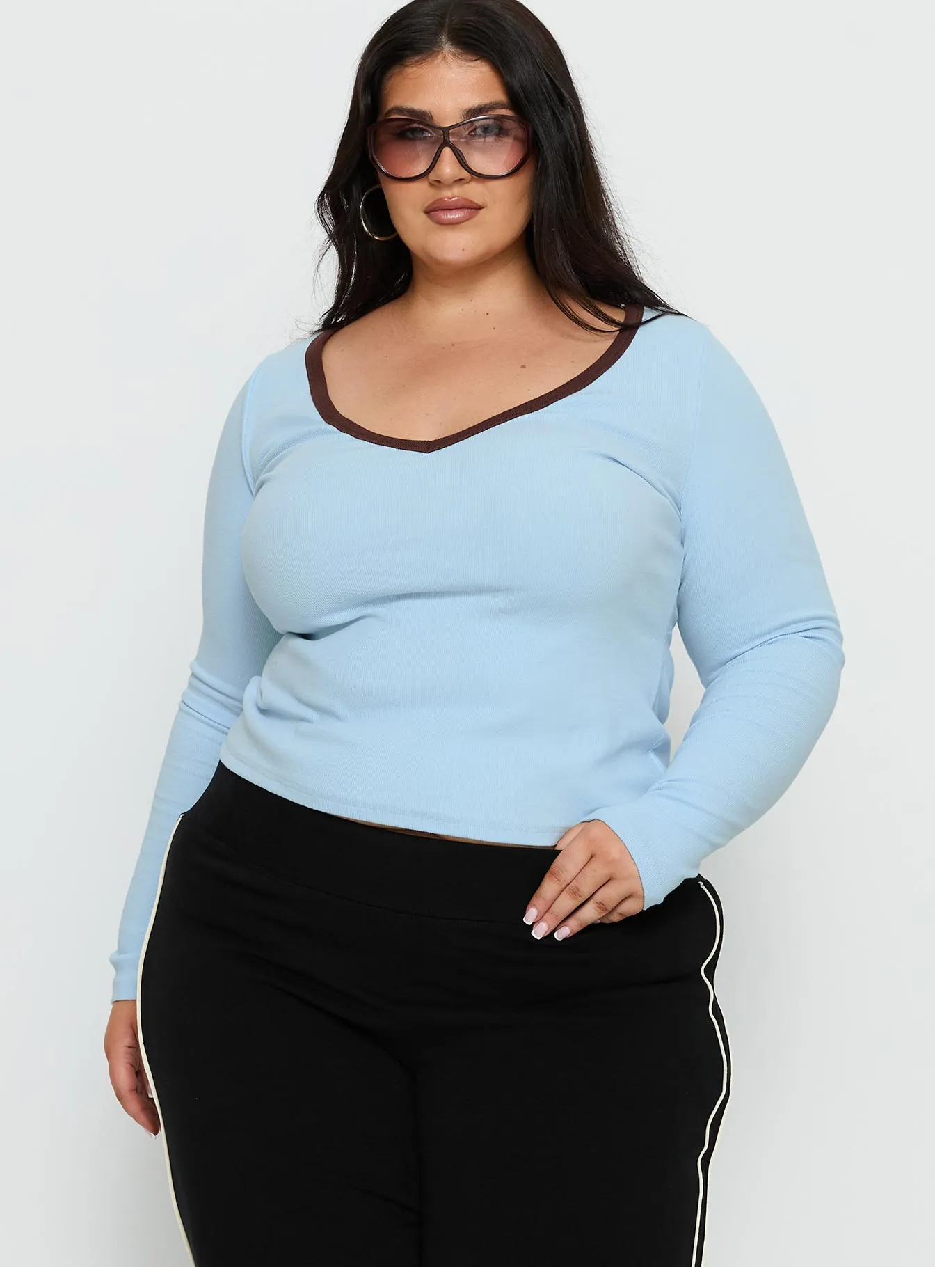 Baseline V Neck Long Sleeve Top Blue / Brown Curve sold by Princess Polly product image thumbnail 2
