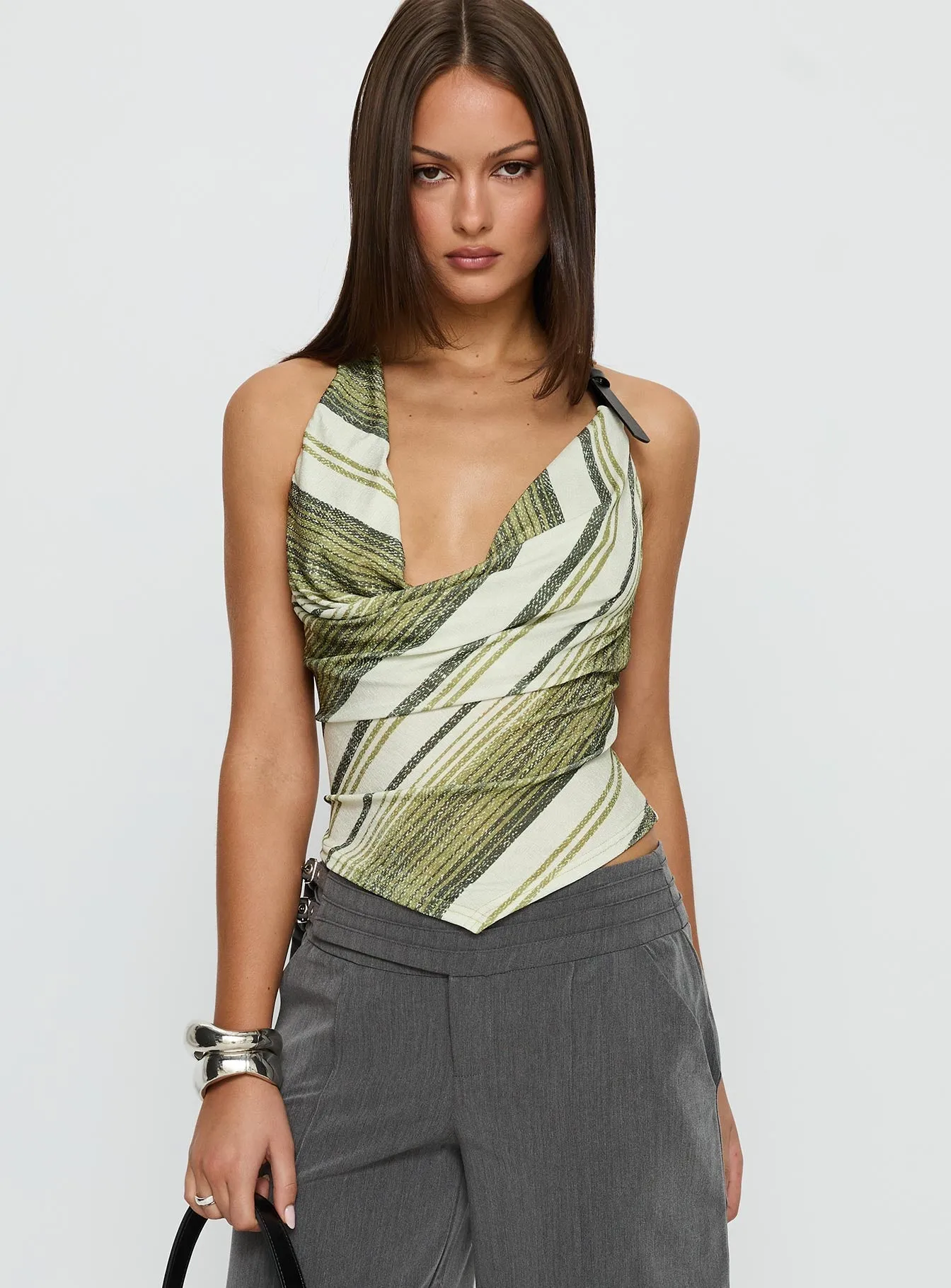 Syrenah Halter Cowl Neck Top Green Stripe sold by Princess Polly product image thumbnail 2