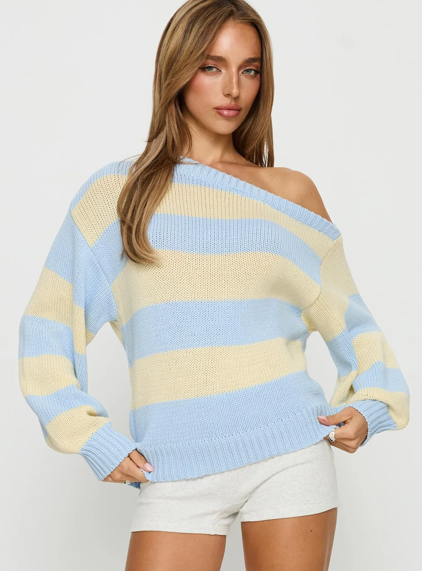 Alvena Off Shoulder Knit Sweater Blue stripe sold by Princess Polly product image thumbnail 2