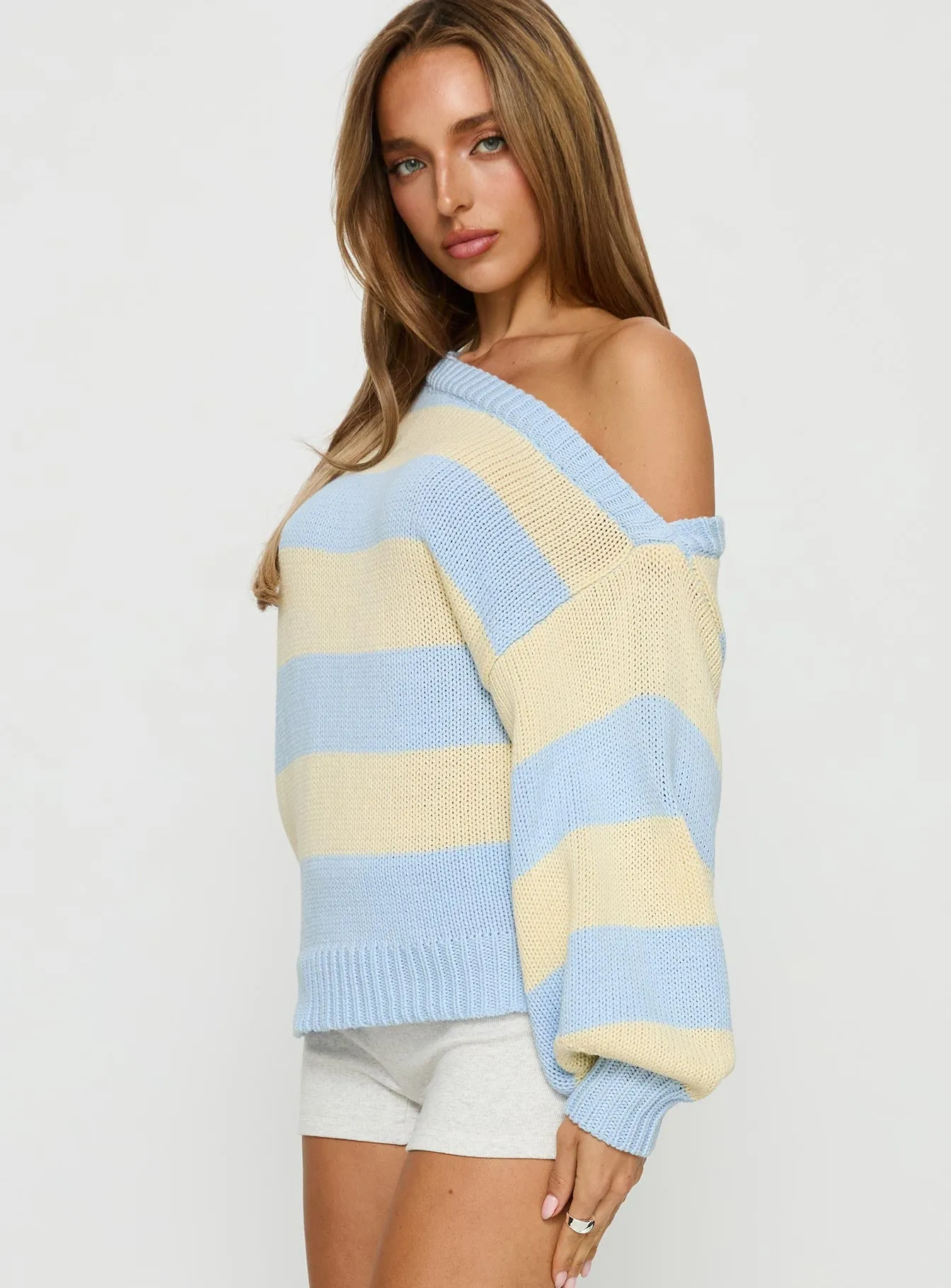 Alvena Off Shoulder Knit Sweater Blue stripe sold by Princess Polly product image thumbnail 4