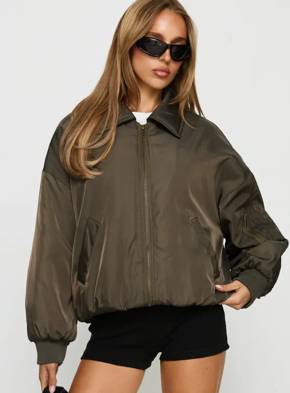 Say Less Bomber Jacket Khaki sold by Princess Polly