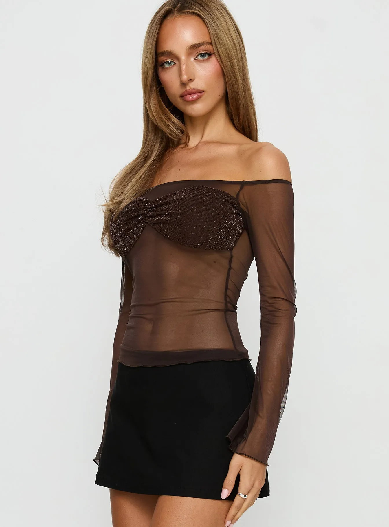 Jahnessa Sheer Long Sleeve Top Chocolate sold by Princess Polly product image thumbnail 3