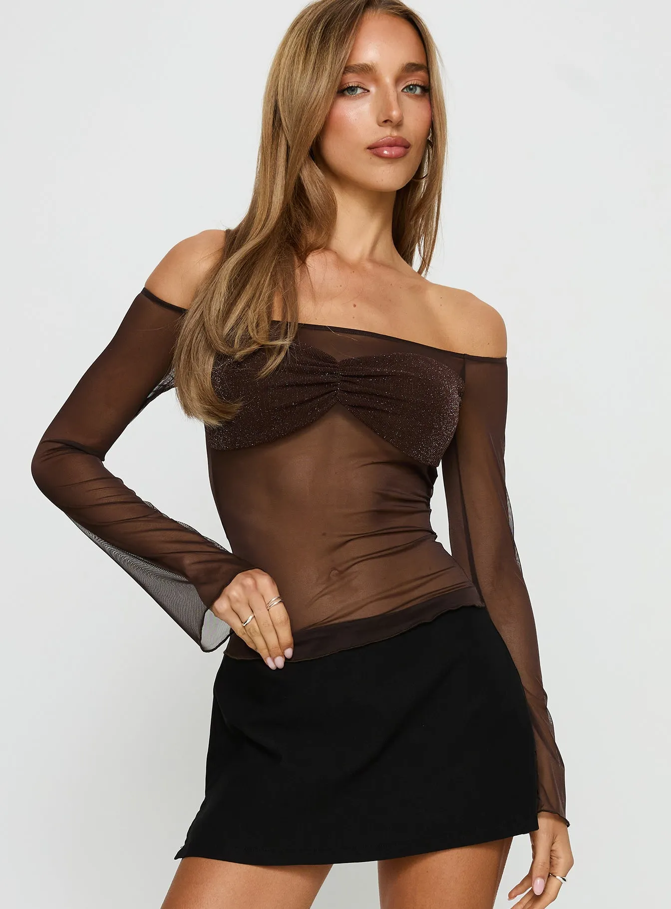 Jahnessa Sheer Long Sleeve Top Chocolate sold by Princess Polly