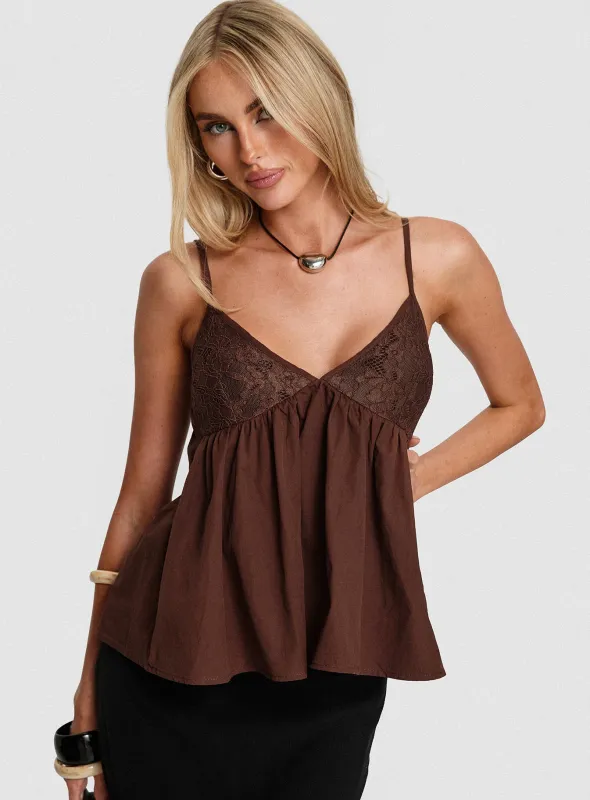 Janeesa Frill Lace Detail Cami Top Brown sold by Princess Polly