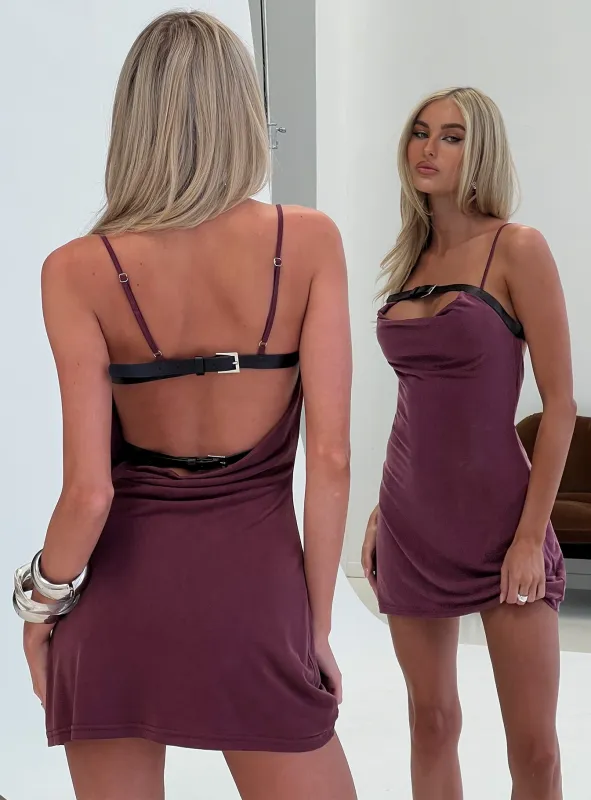 Kalissa Cowl Belted Mini Dress Mauve sold by Princess Polly