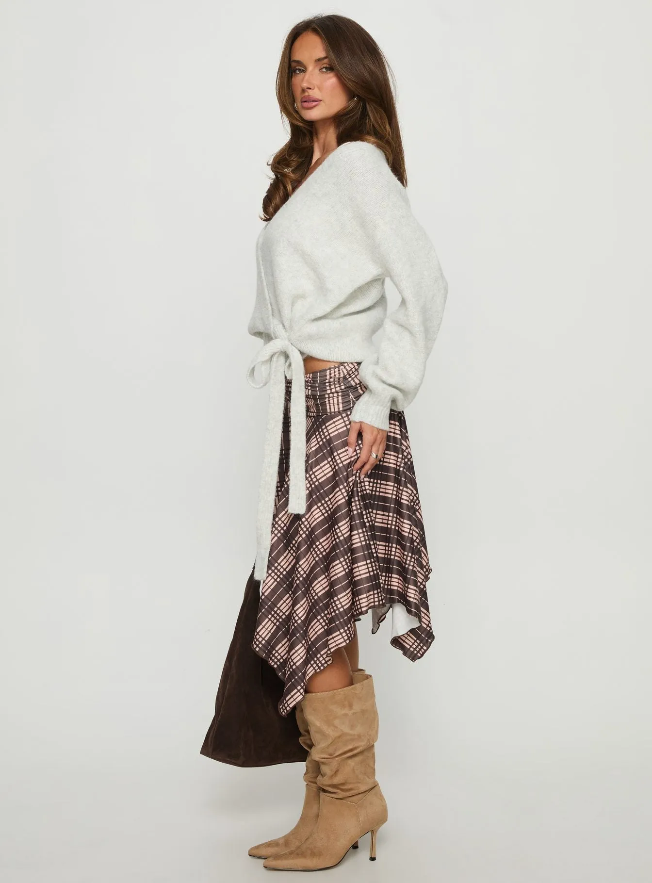 Scholar Asymmetrical Midi Skirt Brown Check sold by Princess Polly product image thumbnail 4