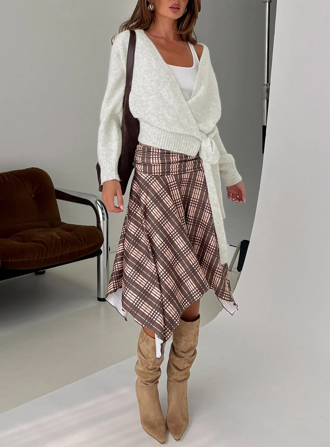 Scholar Asymmetrical Midi Skirt Brown Check sold by Princess Polly