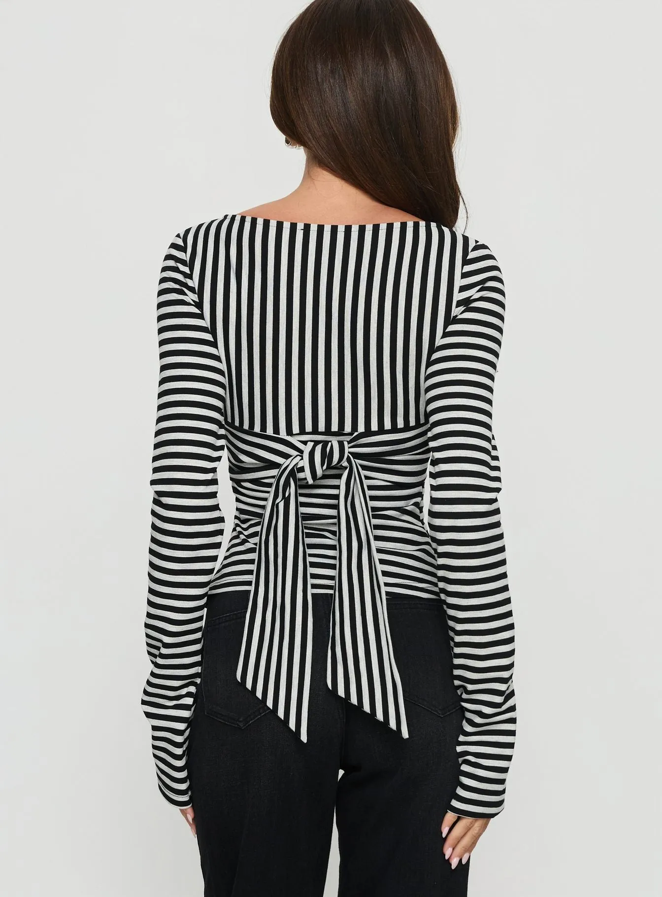 Madelon Long Sleeve Wrap Top Black / Grey Stripe sold by Princess Polly product image thumbnail 5