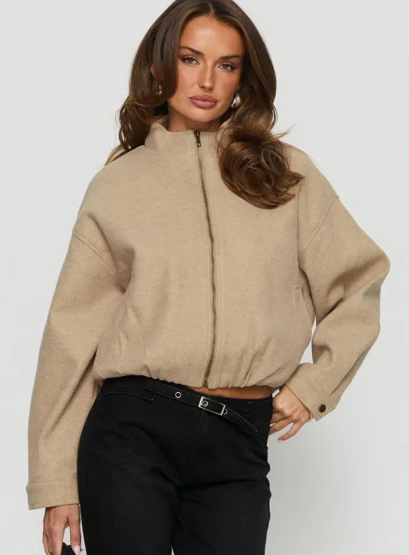 Chayden Cropped Bomber Jacket Beige sold by Princess Polly