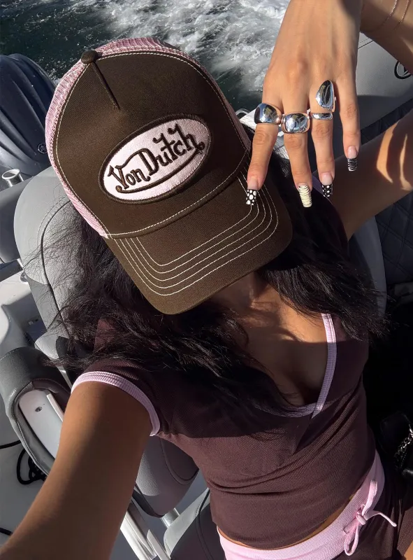 Von Dutch Staple Trucker Hat Brown / Pink sold by Princess Polly