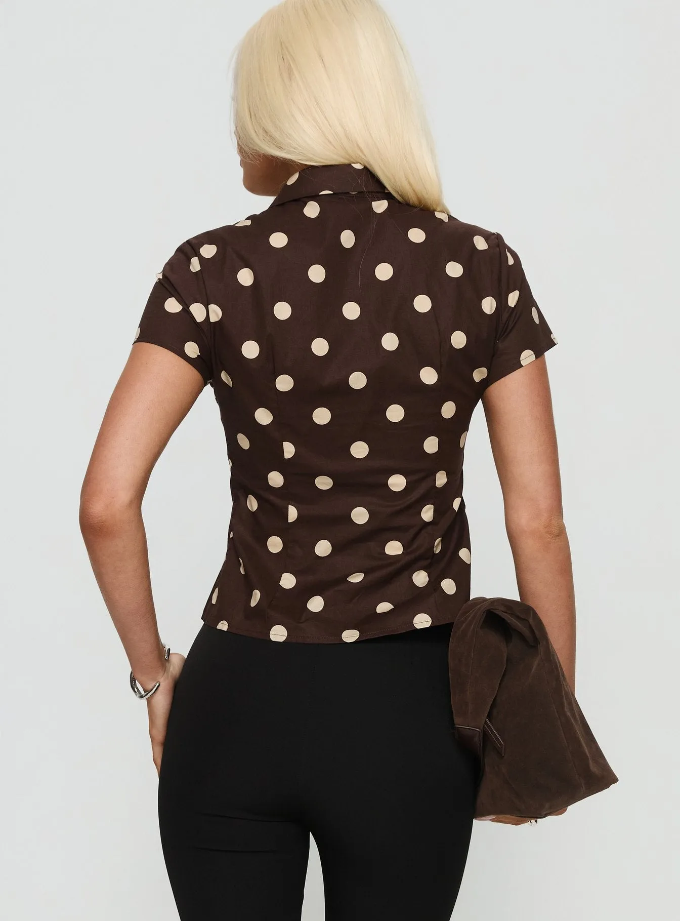 Lift Off Button Up Top Choc / Lemon Polka sold by Princess Polly product image thumbnail 5
