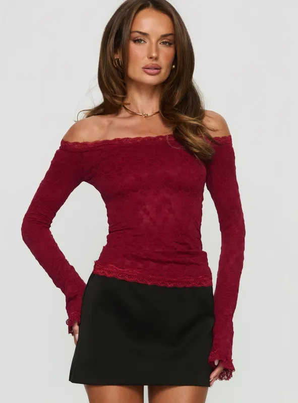Mochapella Off The Shoulder Top Burgundy sold by Princess Polly