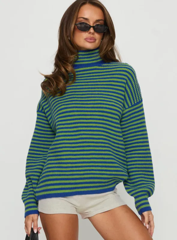 Lancelot Turtle Neck Oversized Jumper Green Stripe sold by Princess Polly